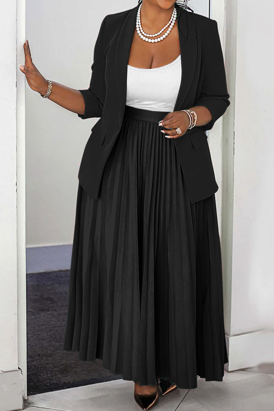 Plus Size Blazer & Pleated Skirt Set LavishDaily