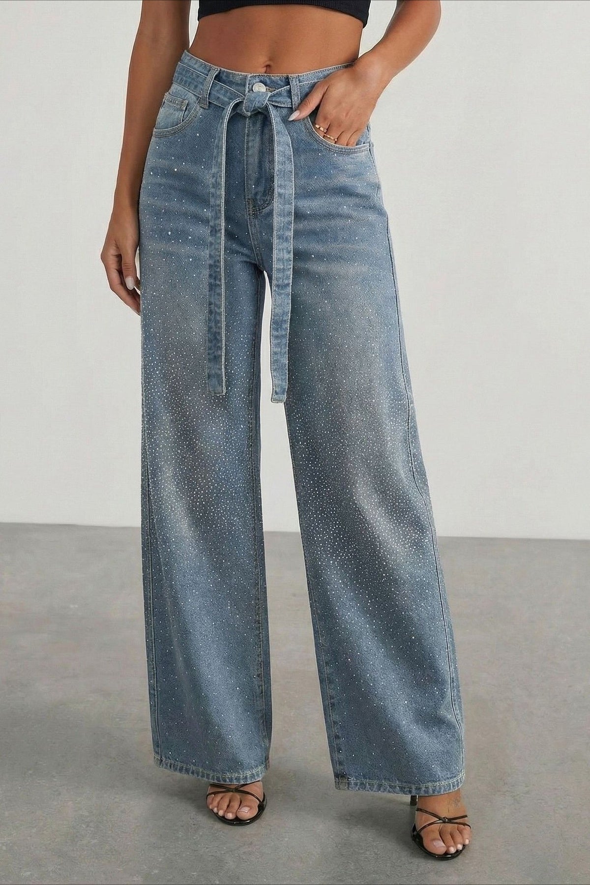 Rhinestone Sparkle Wide Leg Jeans High Waisted Lavish Daily
