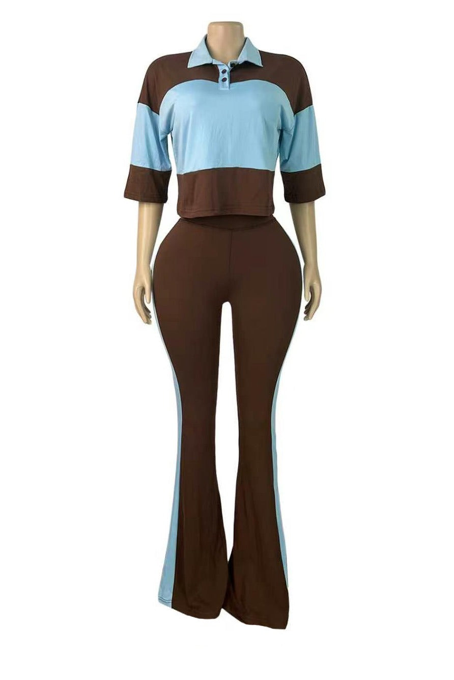 Collared Top & Flare Pants Two-Piece Set Lavish Daily