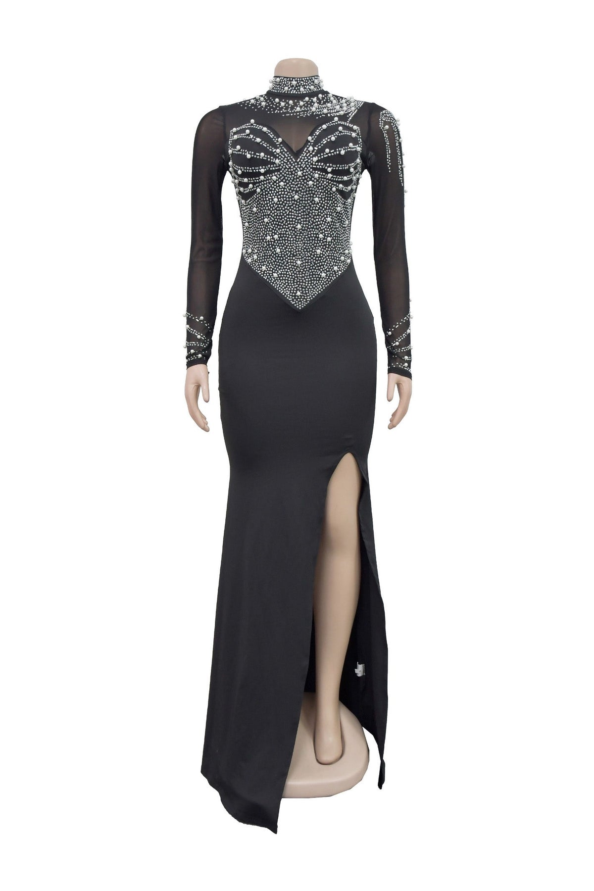 Rhinestone Mesh High Slit Maxi Dress Lavish Daily
