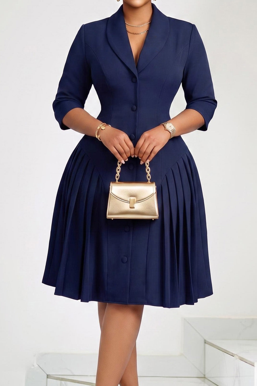 Pleated Button Front Blazer Midi Dress Lavish Daily