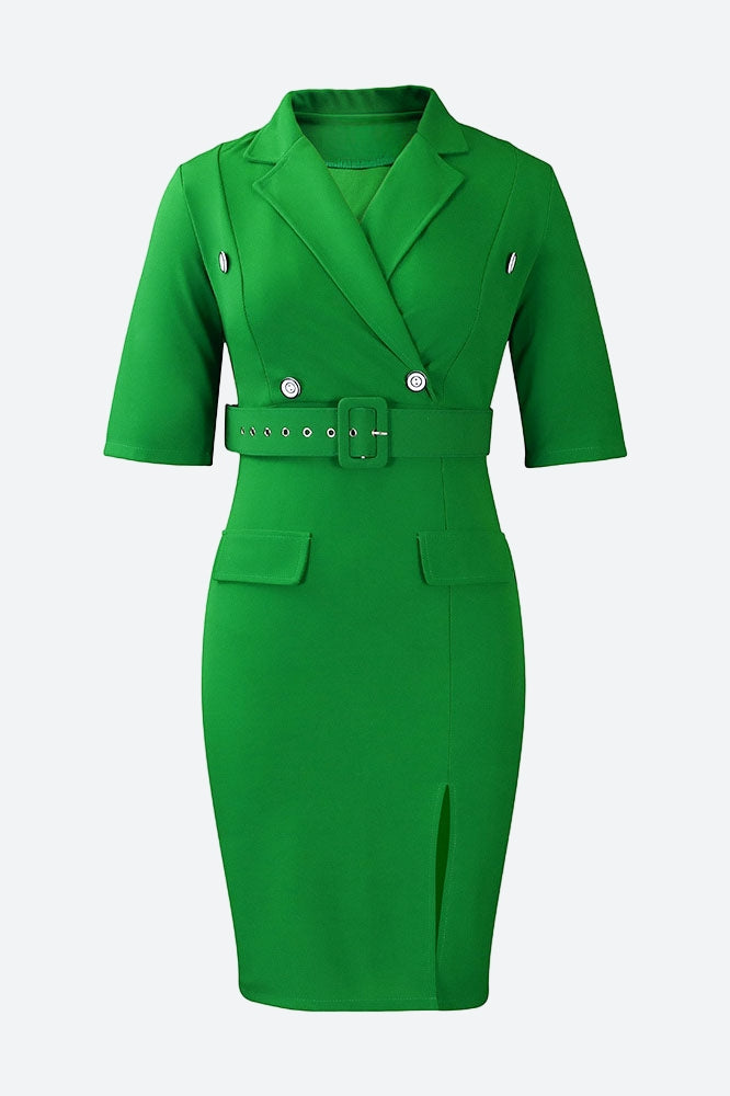 Solid Color Button Lapel Tight Dress Lavish Daily
