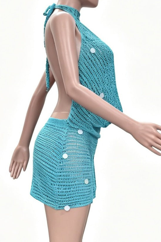 Embellished Plunging Cowl Neck Crochet Mini Dress Lavish Daily