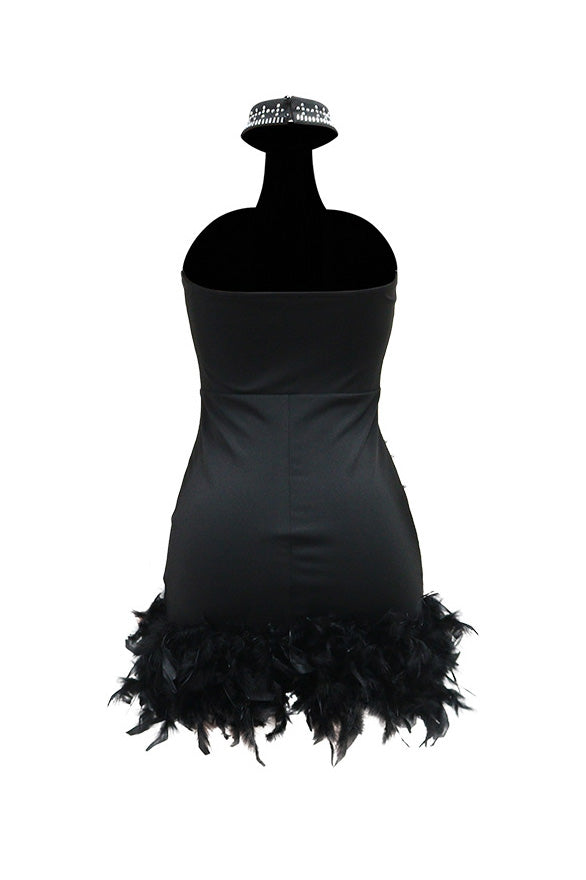 Rhinestone Halter Feather Trim Mini Dress Lavish Daily