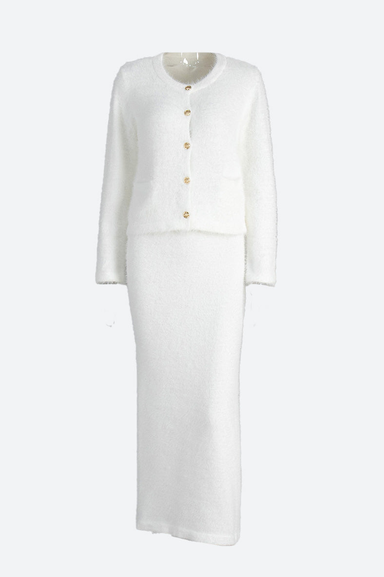 Fuzzy Long Sleeve Button Cardigan and Skirt Set Lavish Daily
