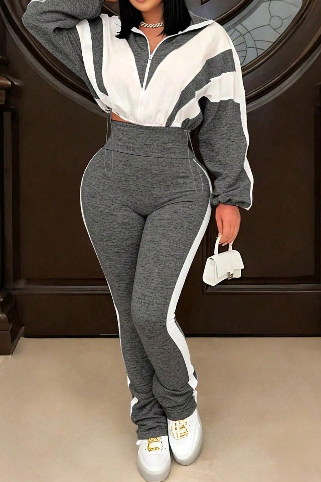 Plus Size Two-Tone Zip Up Set Lavish Daily