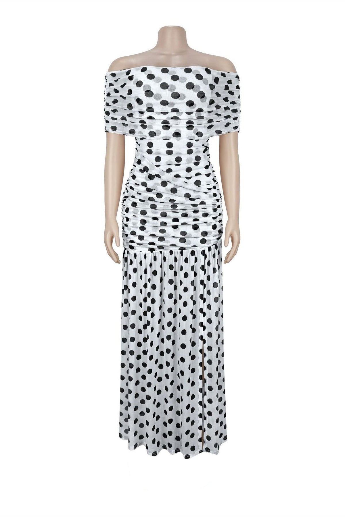 Off-Shoulder Polka Dot Ruched Maxi Dress Lavish Daily
