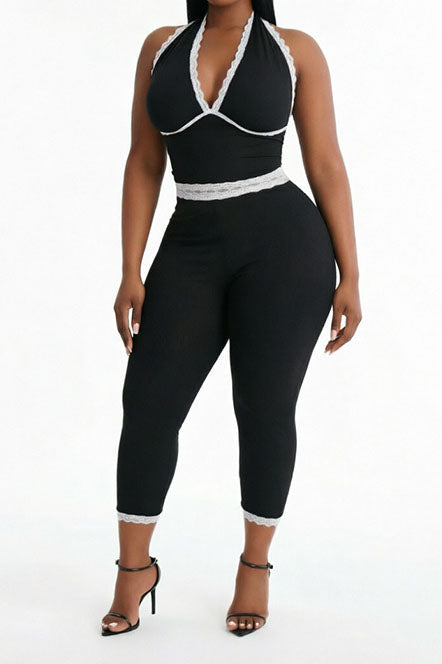 Lace Trim Ribbed Capri Set Lavish Daily