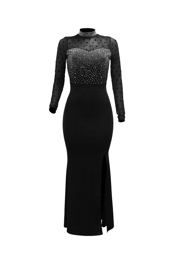 Rhinestone Mesh Sleeve Mermaid Maxi Dress Lavish Daily