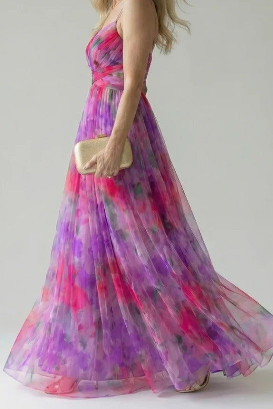 Abstract Chiffon Cutout Backless Maxi Dress LavishDaily