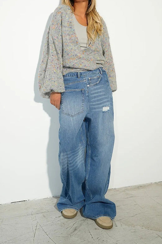 Distressed Patch Pocket Wide Leg Jeans Lavish Daily