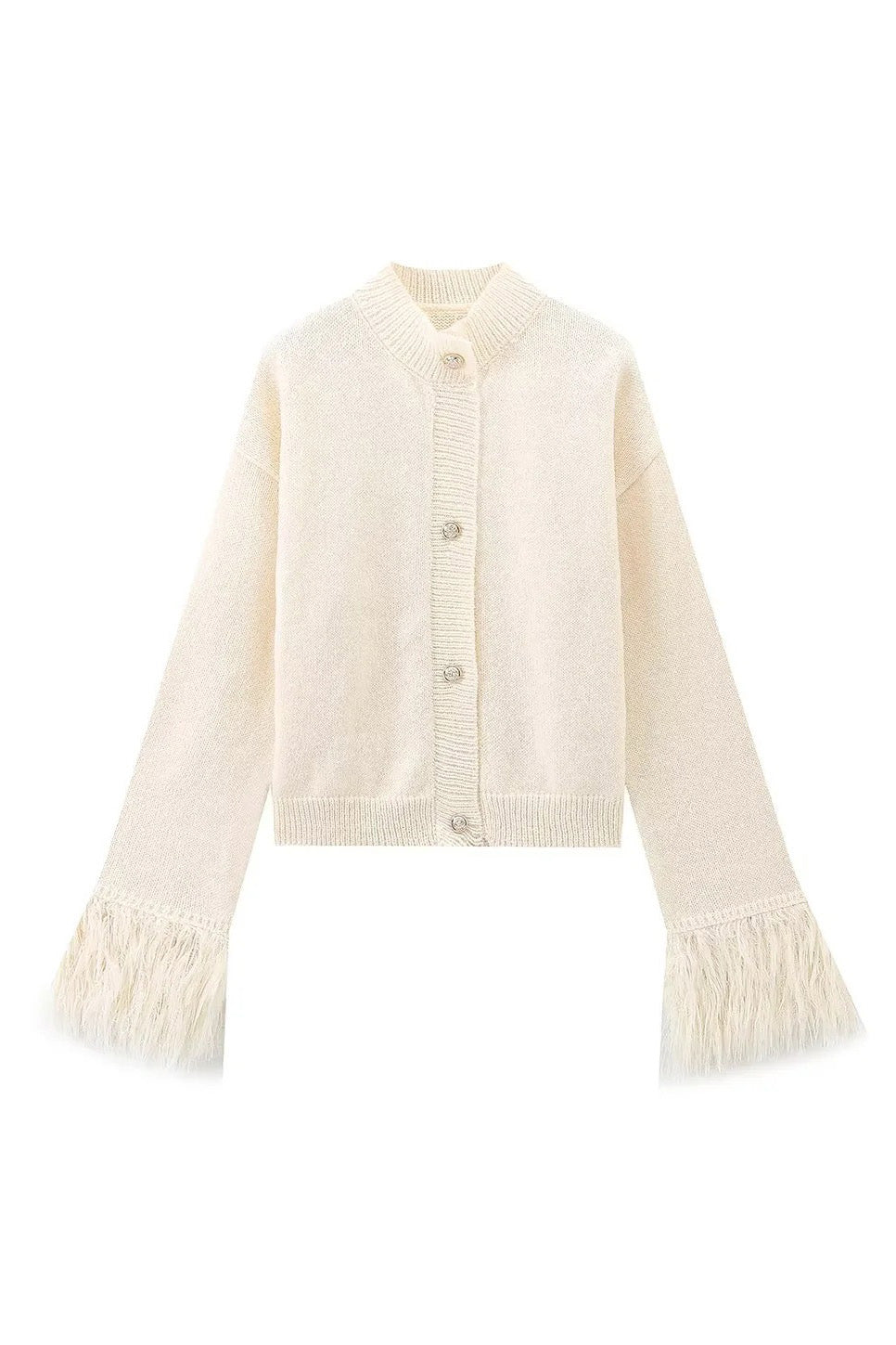 Faux Feather Cuff Button-Up Knit Cardigan Lavish Daily