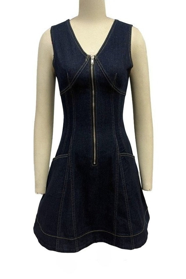 Zip Front Denim Mini Dress Slim Fit Flare Lavish Daily