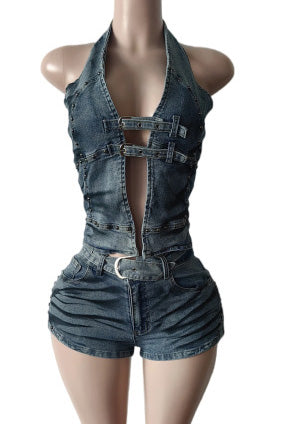 Edgy Studded Denim Halter Set Lavish Daily