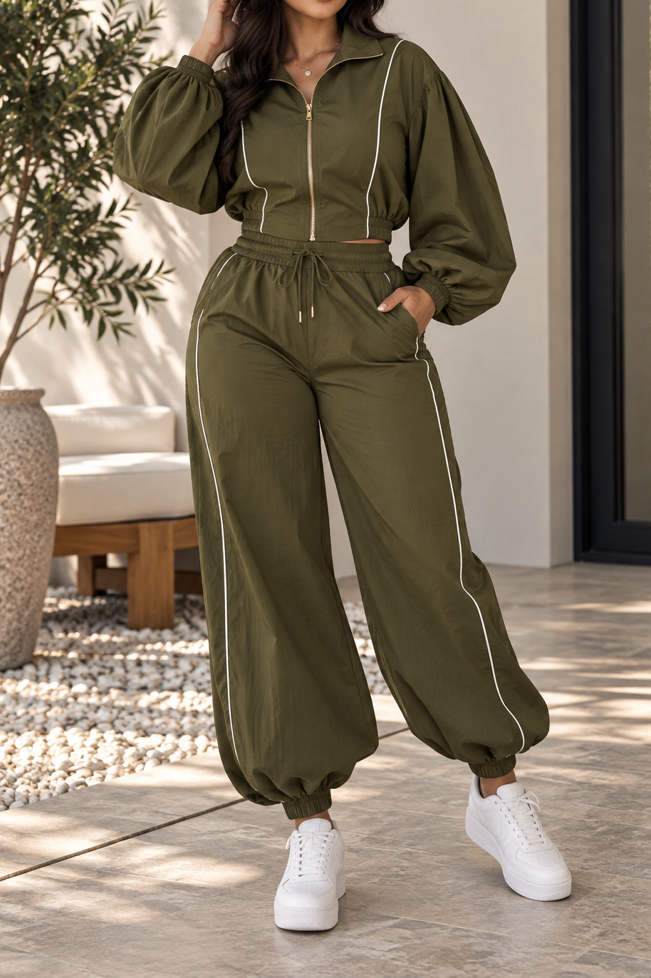Piped Balloon Sleeve Tracksuit Set Lavish Daily