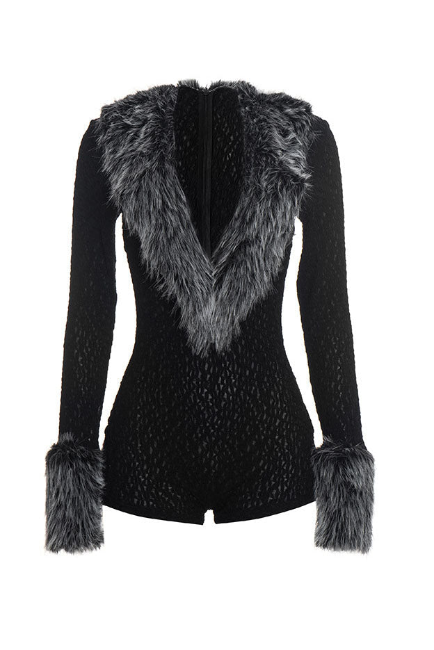 Plush-Trim V-Neck Long-Sleeve Romper Lavish Daily