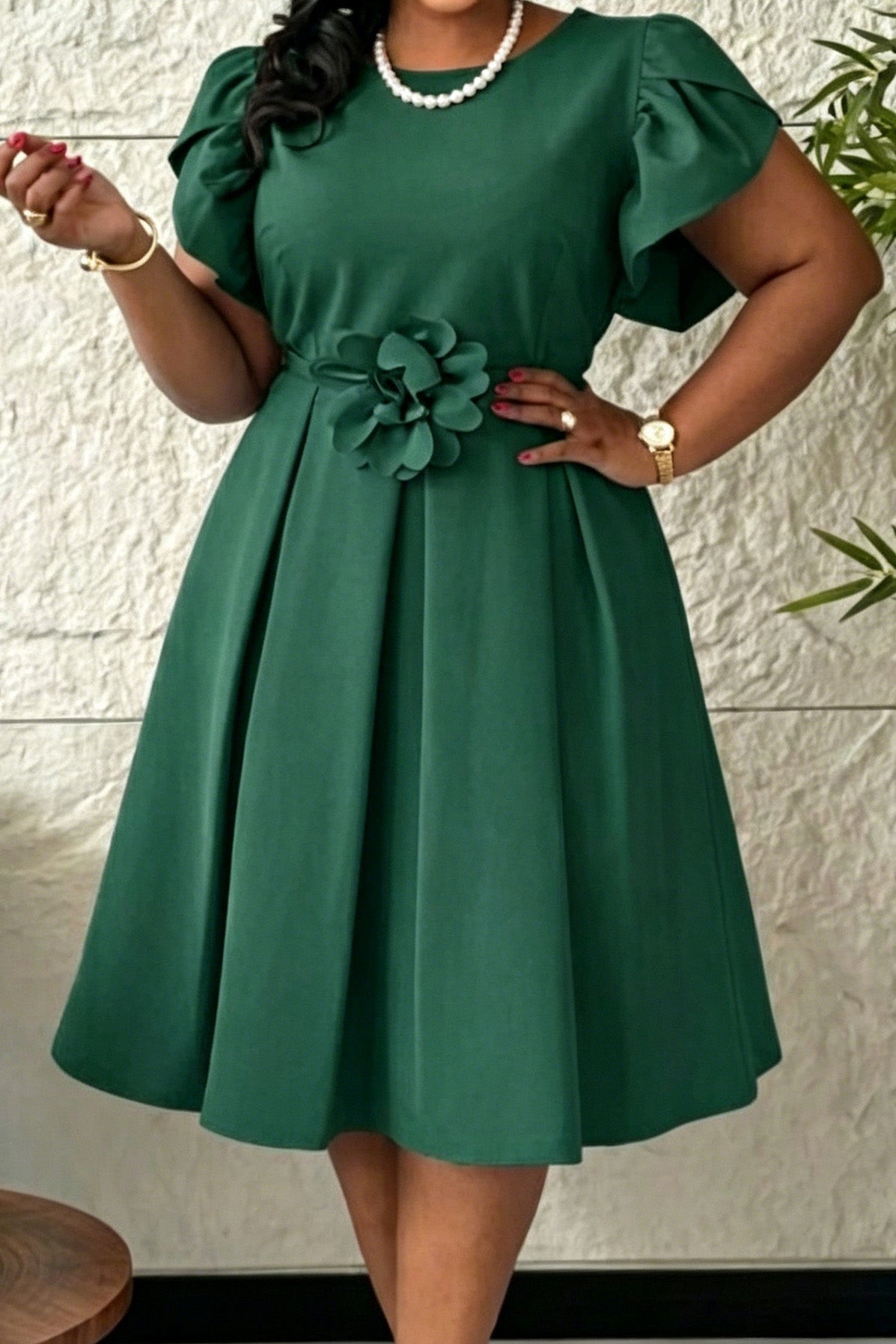 3D Floral Flutter Sleeve Pleated A-Line Midi Dress Lavish Daily