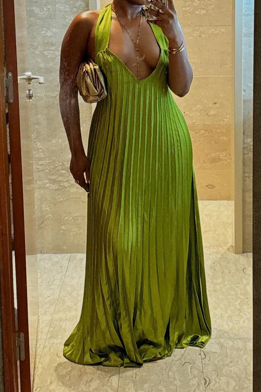 Pleated Halter Plunge Maxi Dress Lavish Daily