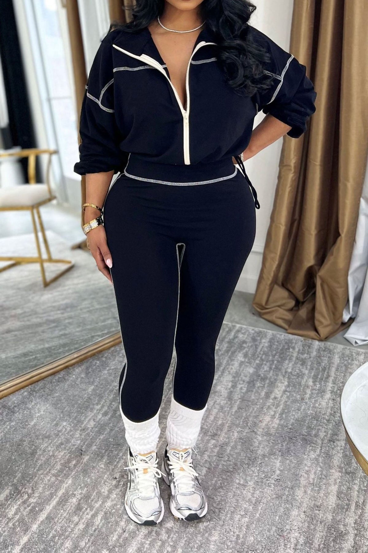 Contrast Stitch Zip-Up & Legging Set Lavish Daily