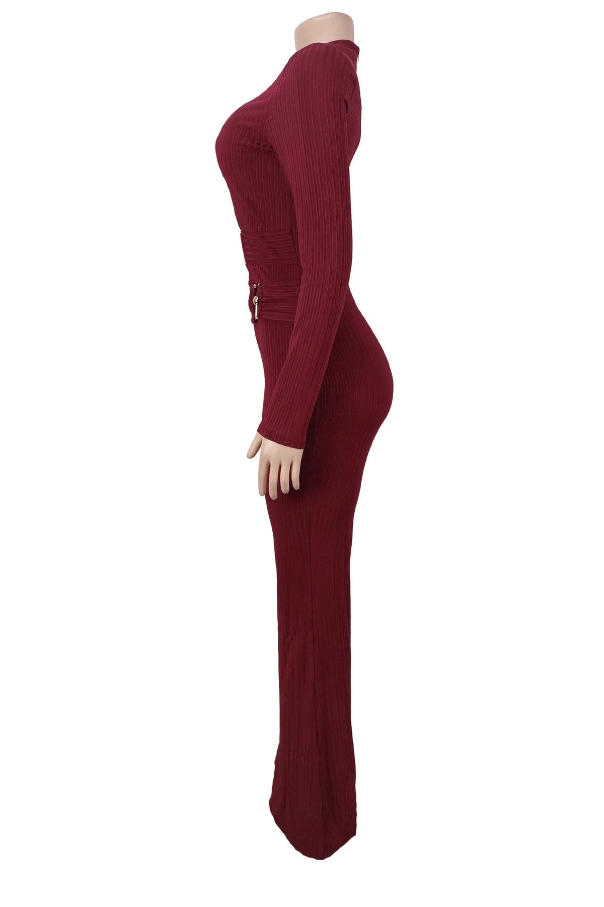 Ribbed Cutout Long-Sleeve Flared Jumpsuit Lavish Daily