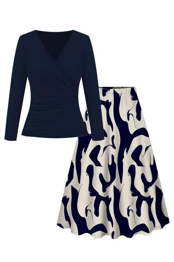 Ruched Wrap Top & Abstract Skirt Set Lavish Daily