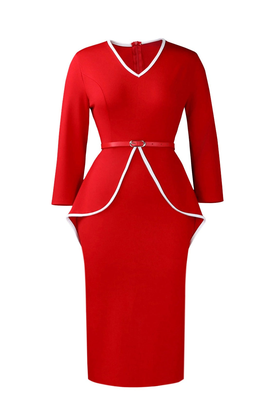 Contrast Trim Belted Peplum Midi Dress Lavish Daily