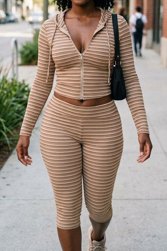 Striped Zip Hoodie & Foldover Capri Pants Set Lavish Daily