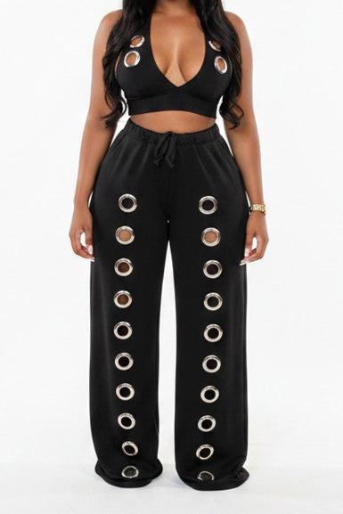 Oversized Eyelet Halter Crop Top & Pant Set Lavish Daily