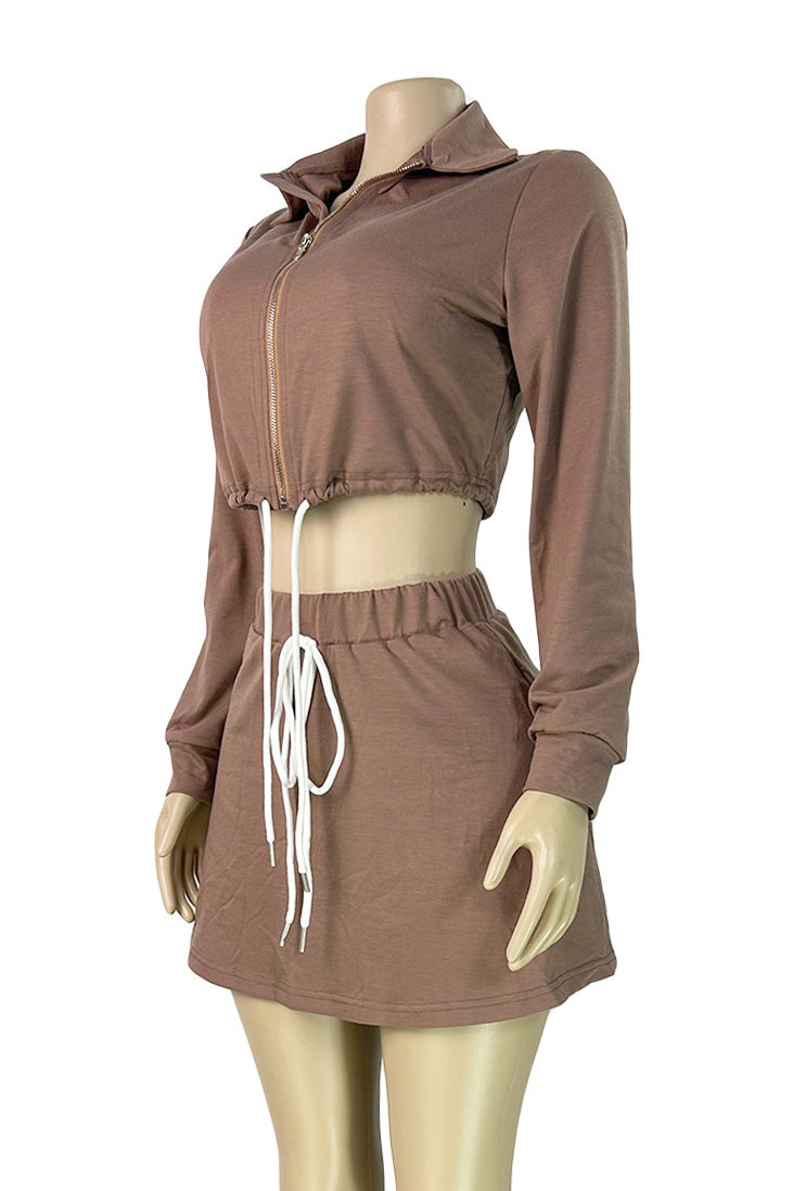 Zip-Up Drawstring Top & Mini Skort Two-Piece Set Lavish Daily