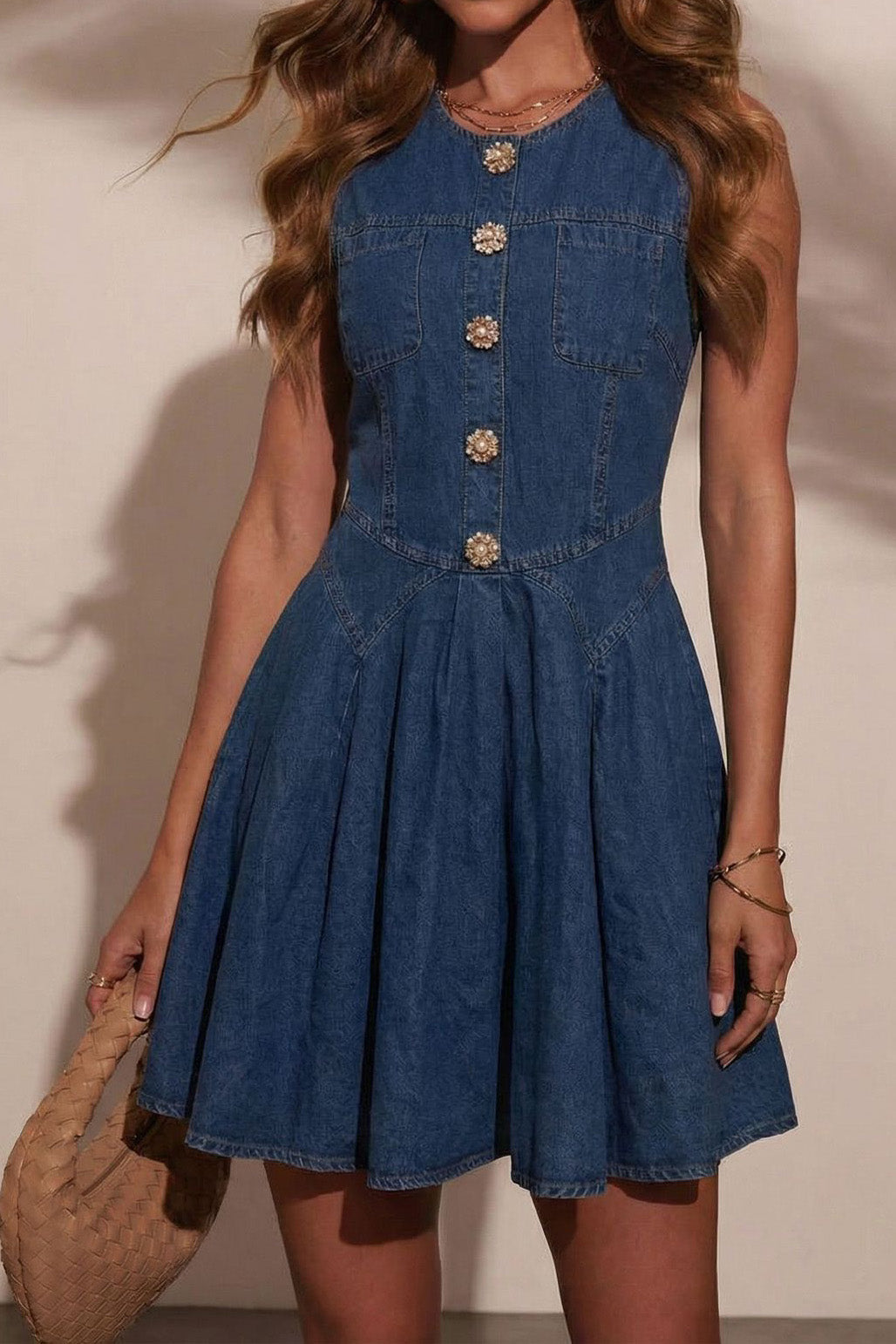 Decorative Jeweled Button Denim Mini Dress Lavish Daily