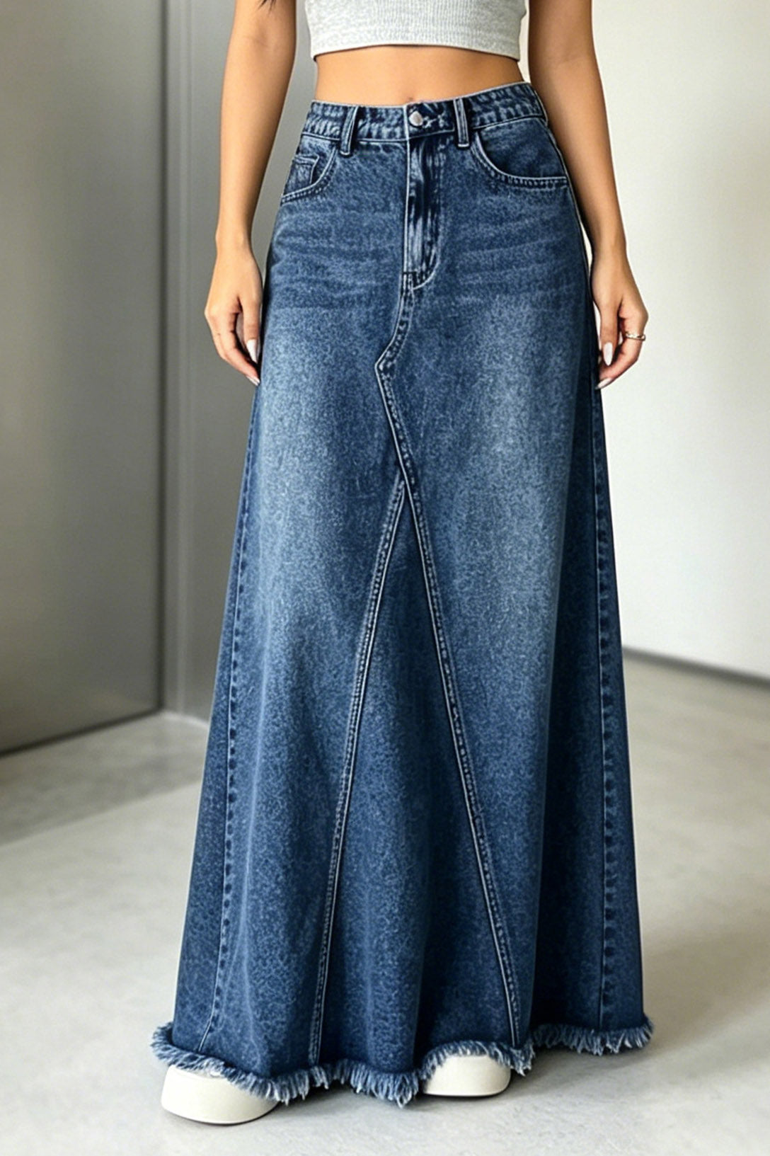 Raw-Hem Godet Denim Maxi Skirt Lavish Daily