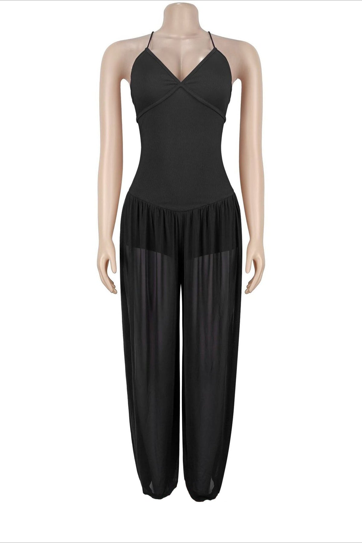 Sheer Lace-Up Wide Leg Jumpsuit Lavish Daily