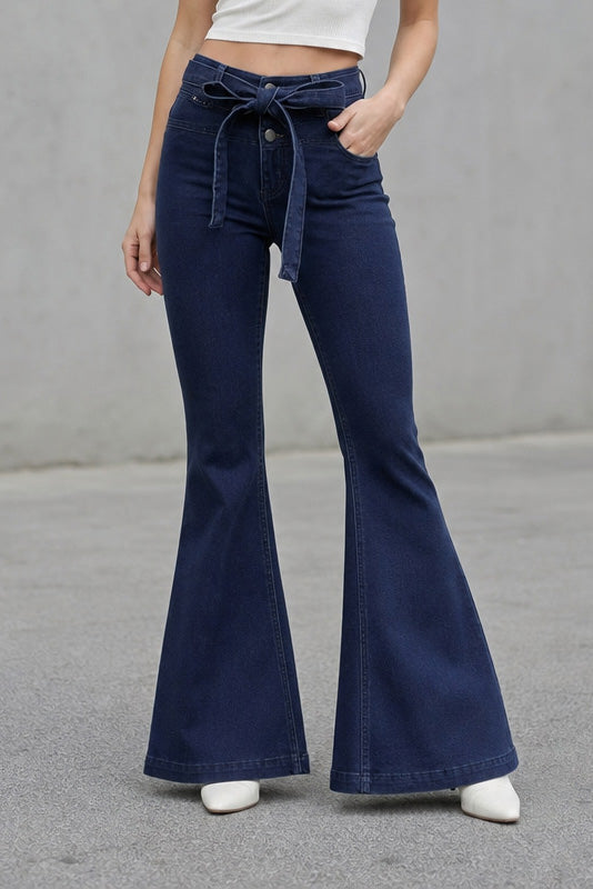 Medium Stretch High Rise Tie Belt Flare Jeans Lavish Daily
