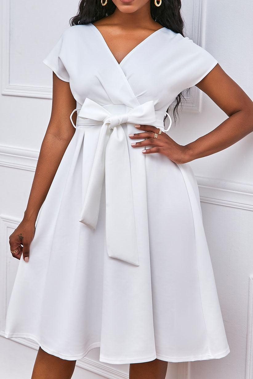 Solid Color Belted Bow Tie Waist Dress Lavish Daily