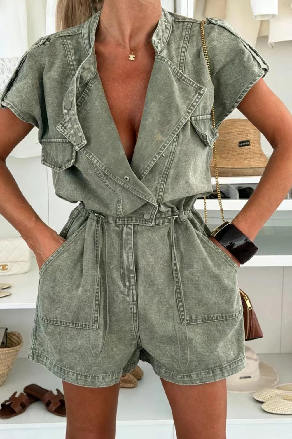 Cap Sleeve Drawstring Denim Utility Romper Lavish Daily