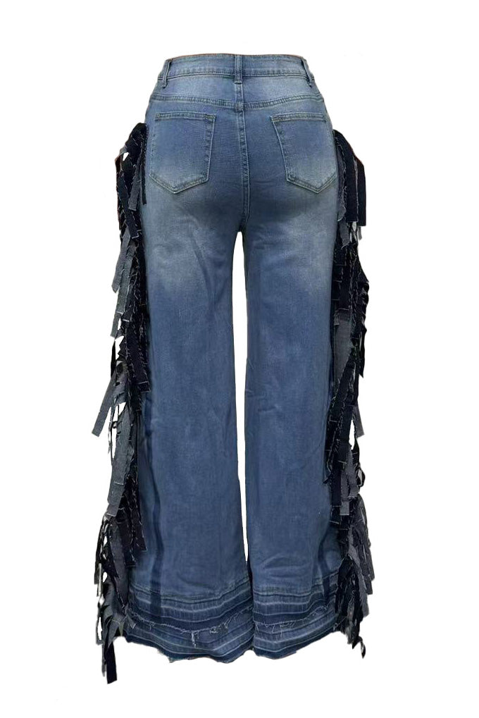 Side Fringe Wide Leg Raw Hem Jeans Lavish Daily