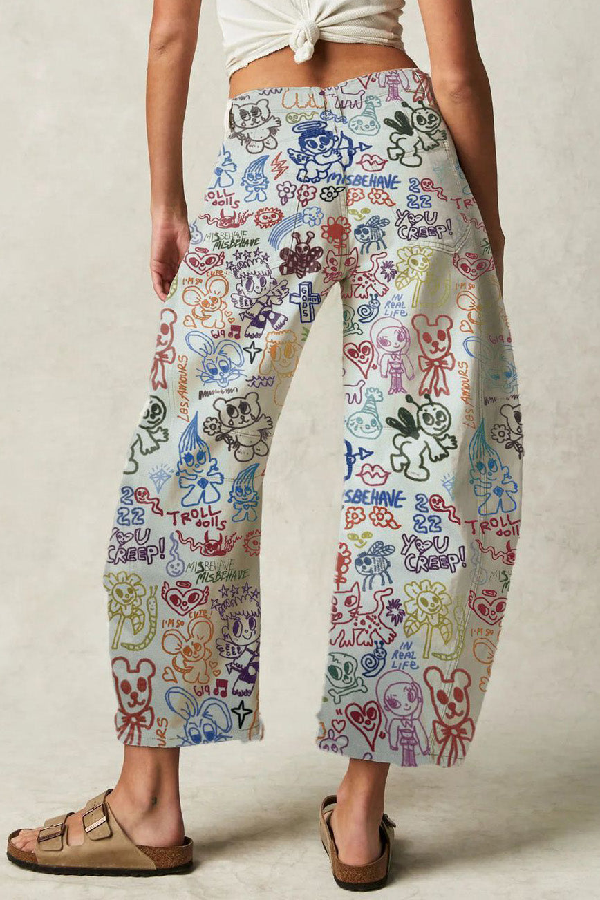 Doodle Print Relaxed Barrel Leg Jeans Lavish Daily