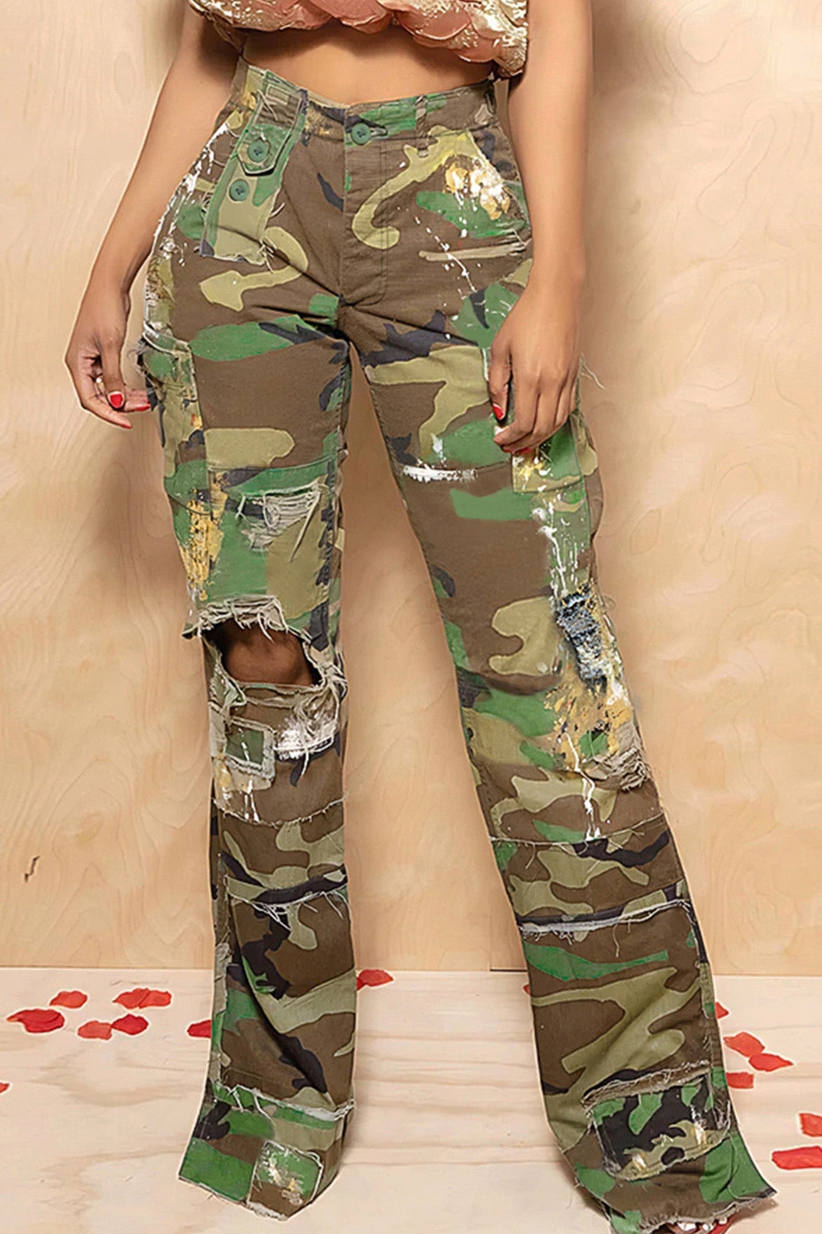 Distressed Camo Patchwork Wide-Leg Cargos Lavish Daily
