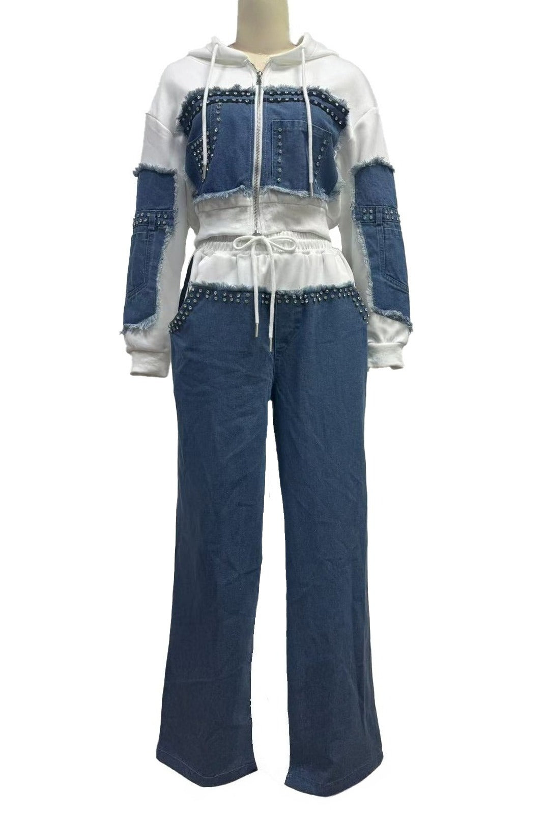 Studded Denim Patchwork Two Piece Set Lavish Daily