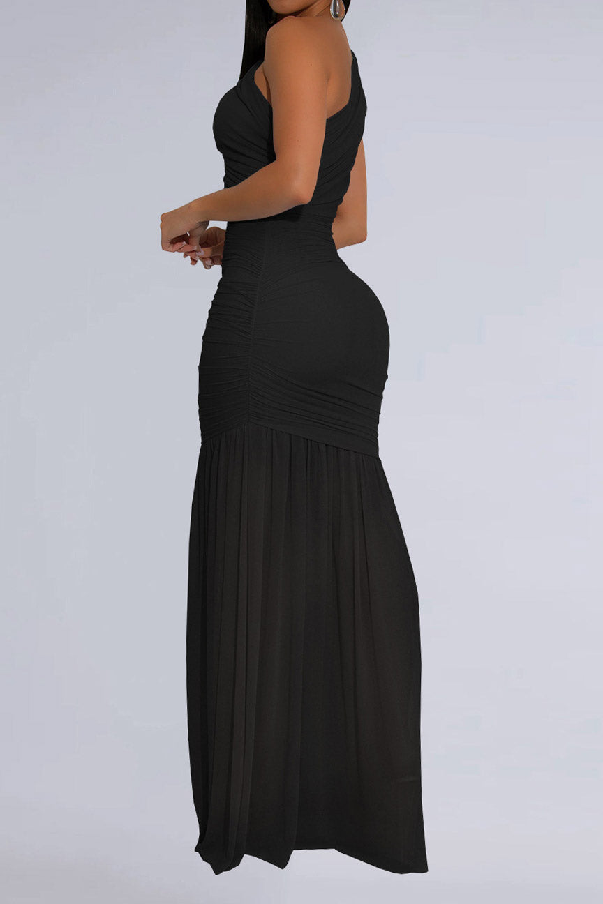 One-Shoulder Ruched Mesh Maxi Dress Lavish Daily