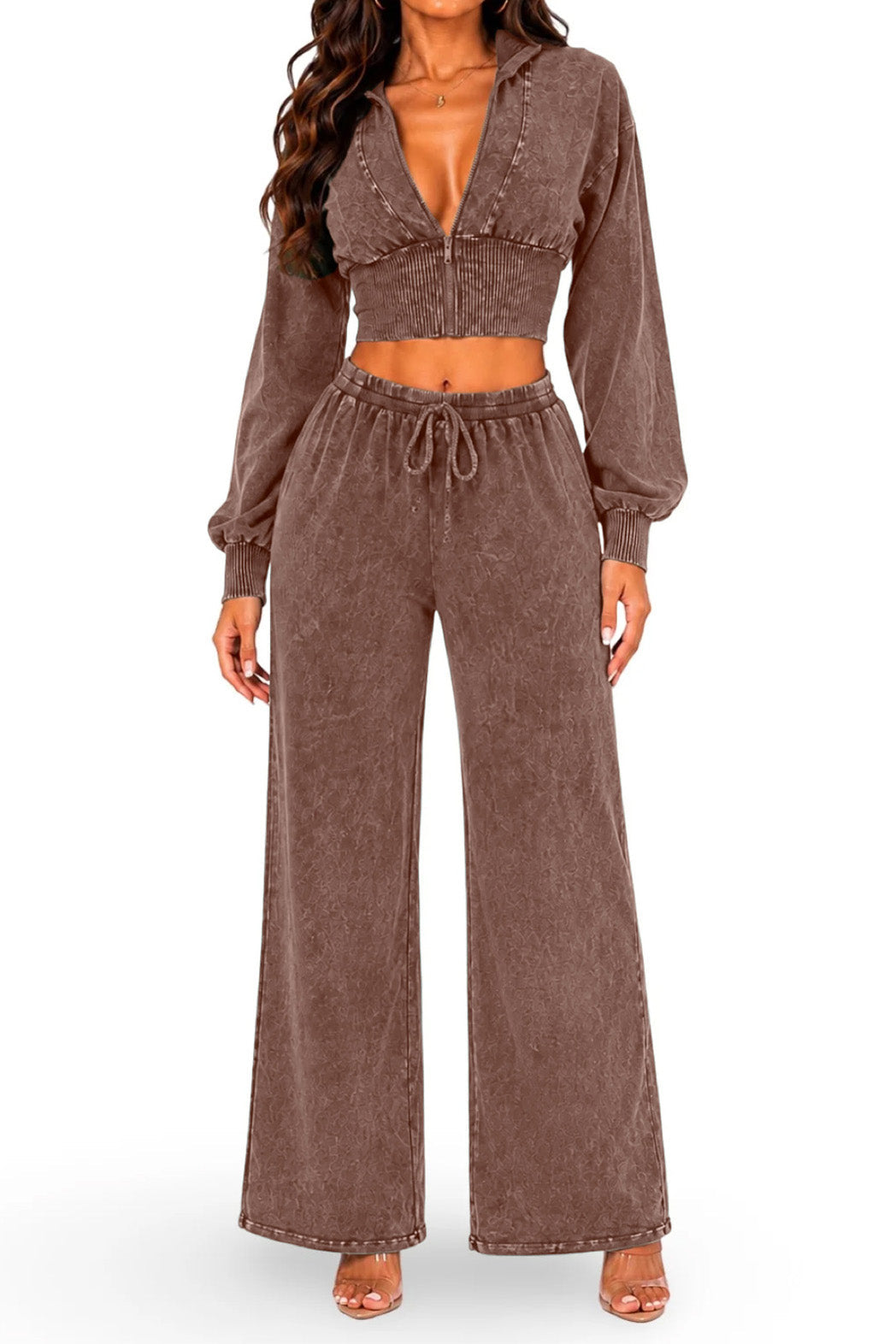 Washed Cropped Zip Jacket Wide Leg Pants Set Lavish Daily
