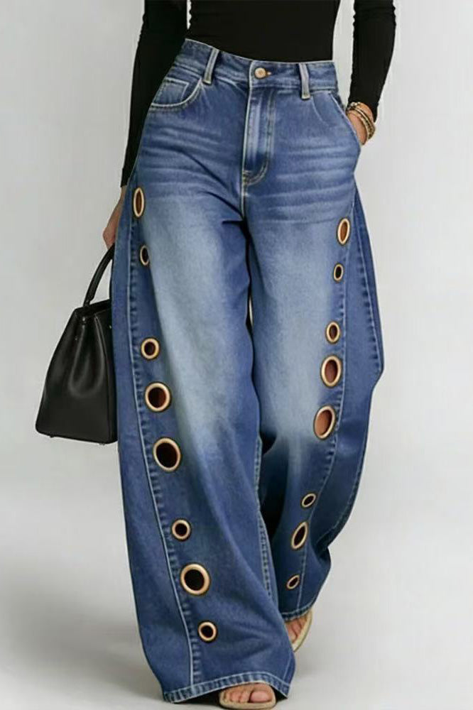 Statement Grommet Wide Leg Jeans Lavish Daily