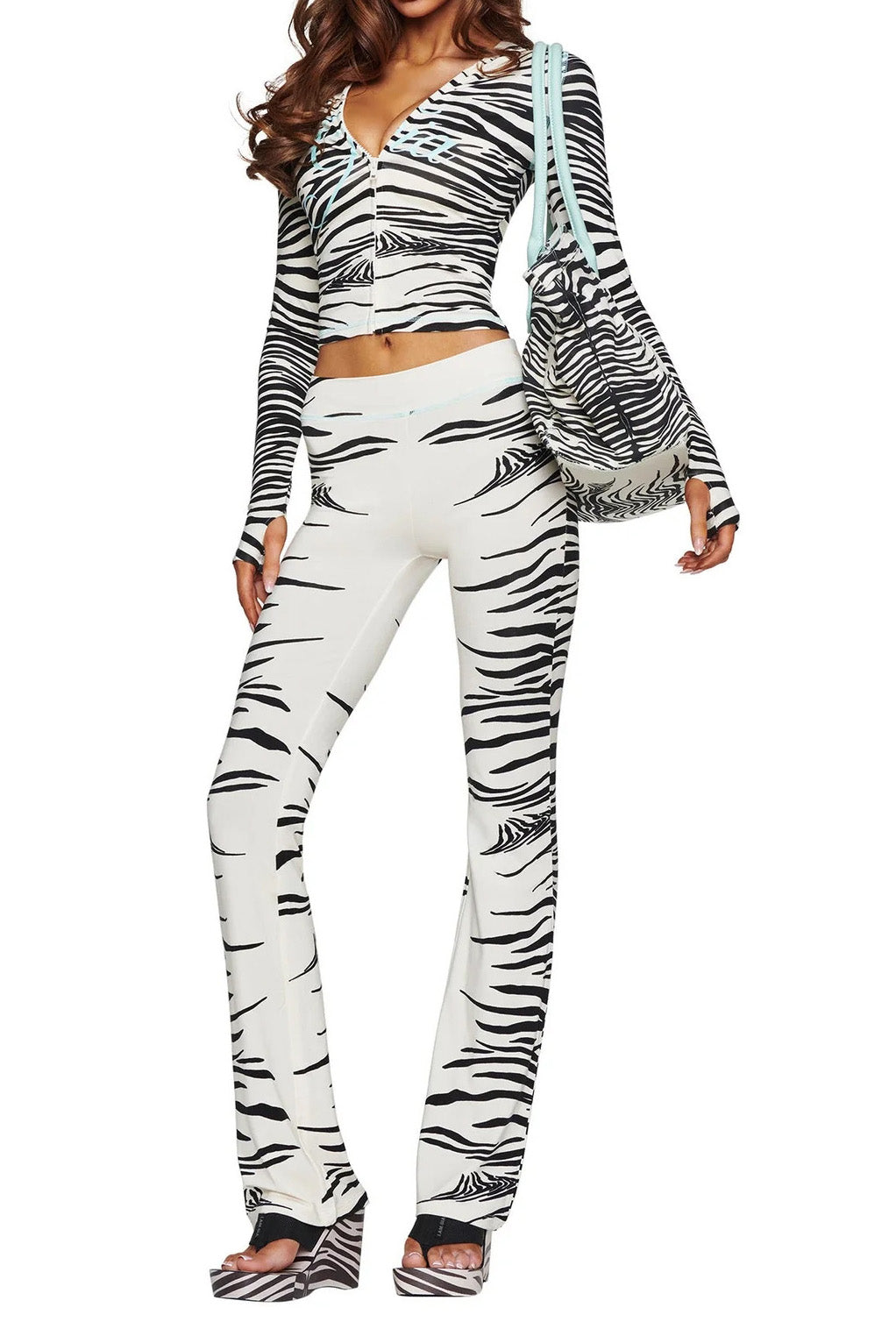Printed Zip Hoodie Flare Pants Set Lavish Daily