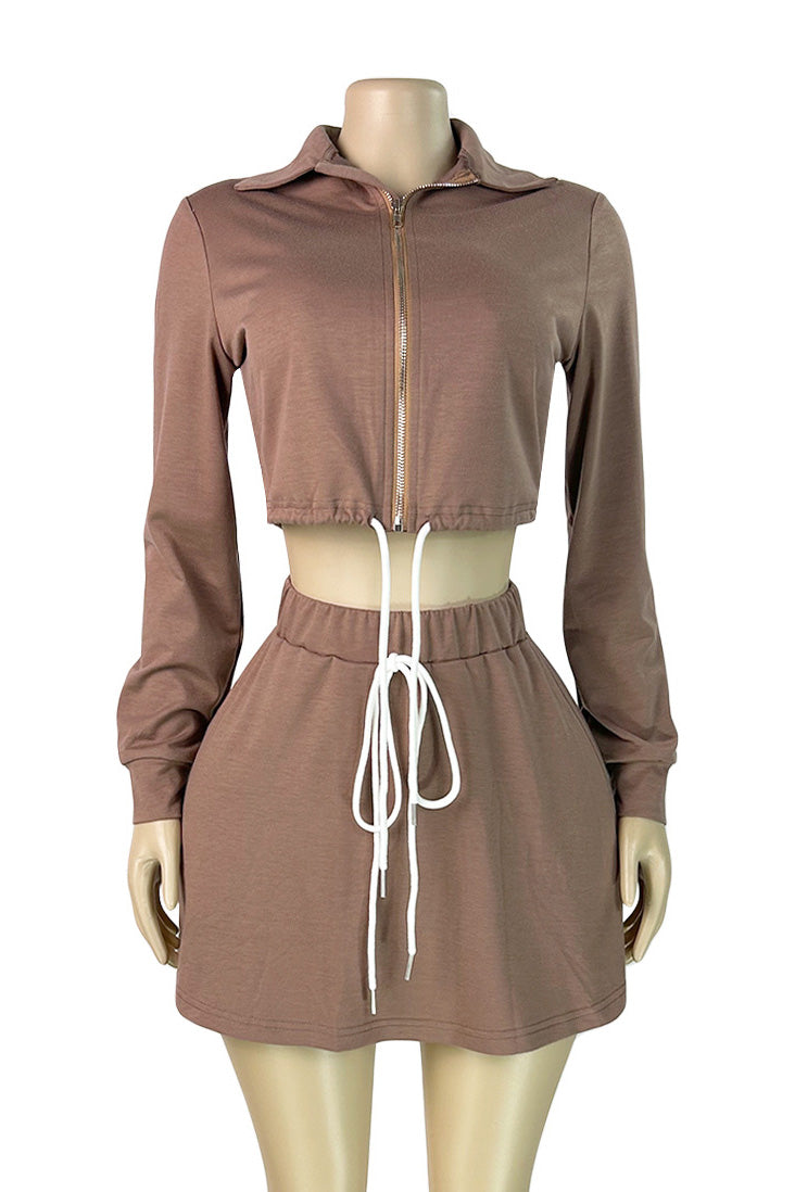 Zip-Up Drawstring Top & Mini Skort Two-Piece Set Lavish Daily