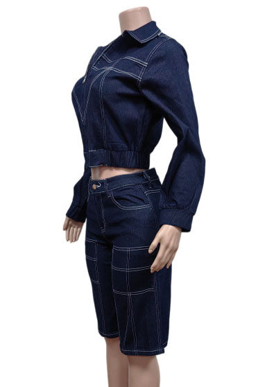 Contrast Stitch Denim Short Set Lavish Daily