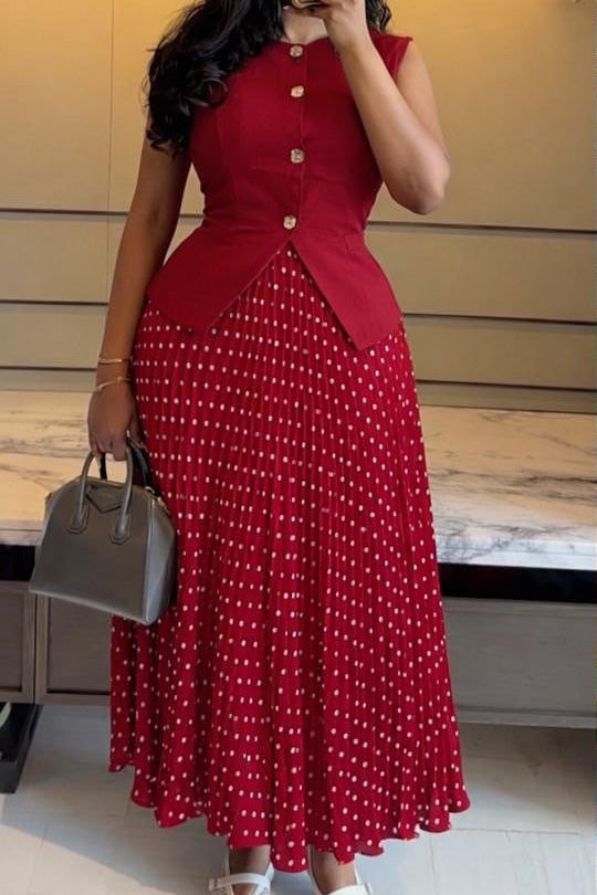 Button Vest & Polka Dot Pleated Skirt Set Lavish Daily