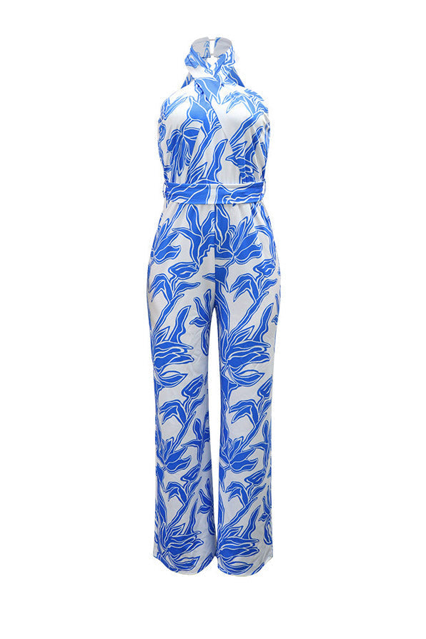 Floral Halter Tie Waist Wide Leg Jumpsuit Lavish Daily