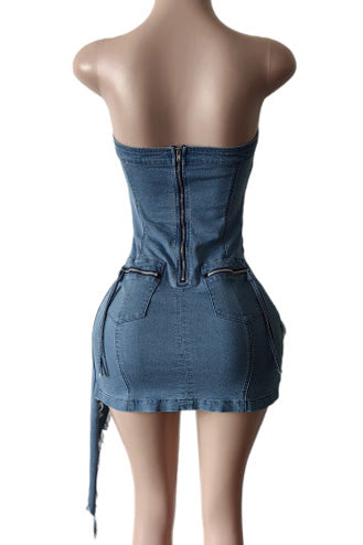 Asymmetrical Reworked Denim Mini Dress Lavish Daily