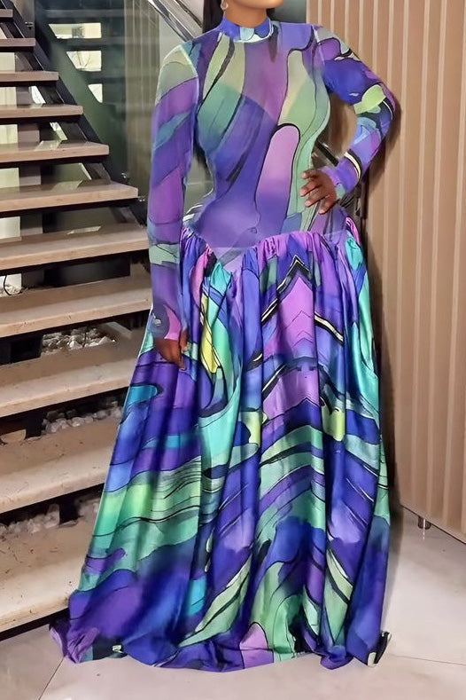 Mock Neck Mesh Floral Maxi Dress Lavish Daily