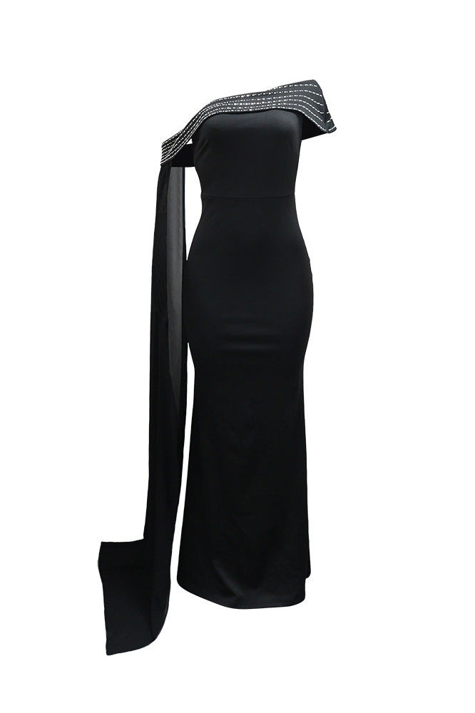 Rhinestone Cape One Shoulder Maxi Dress Lavish Daily